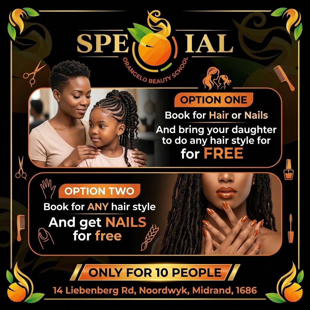 Special offer — book Hair or Nails and bring your daughter for any hair style free, or book any hair style and get Nails free.